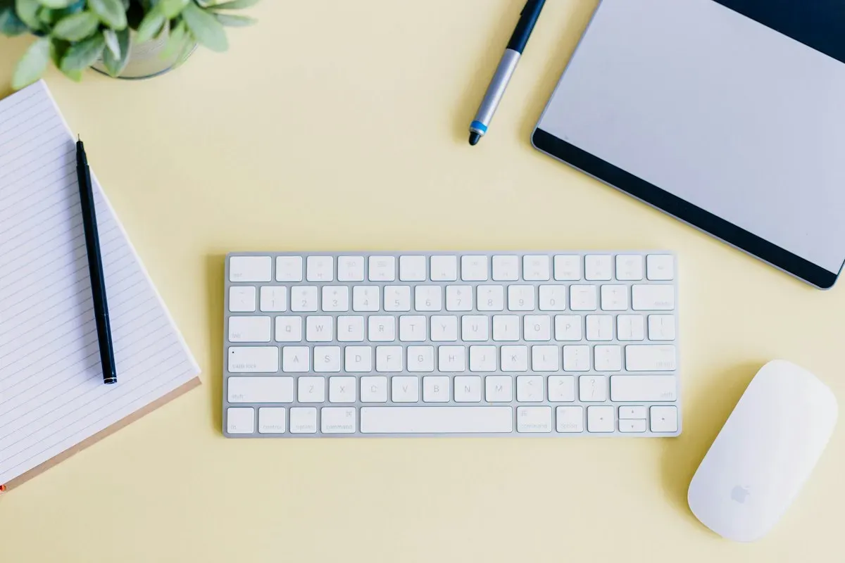 Designer desk with yellow stationery