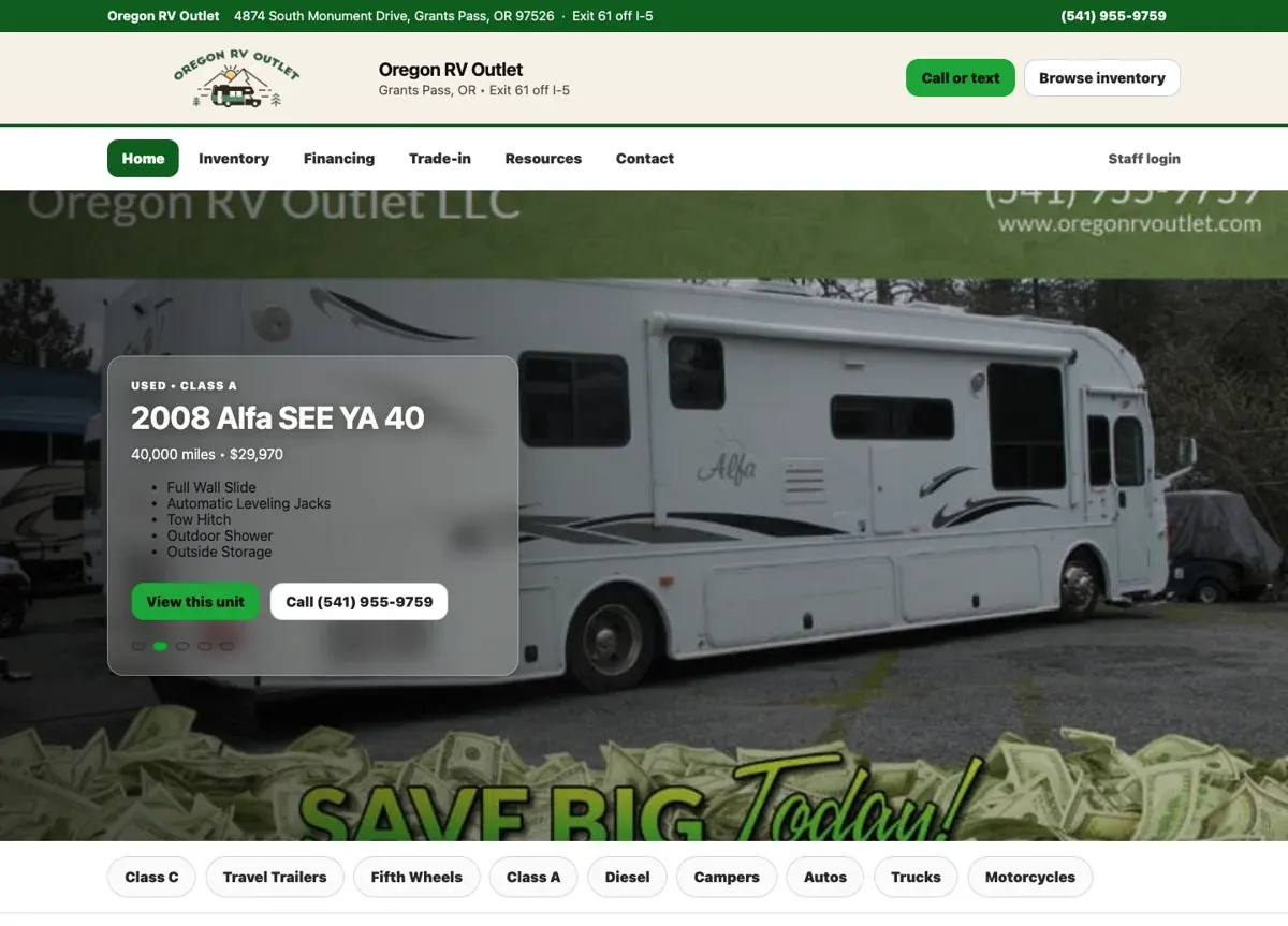 Oregon RV Outlet vehicle inventory website