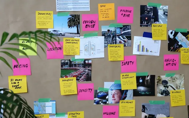 Research notes grouped on a planning wall
