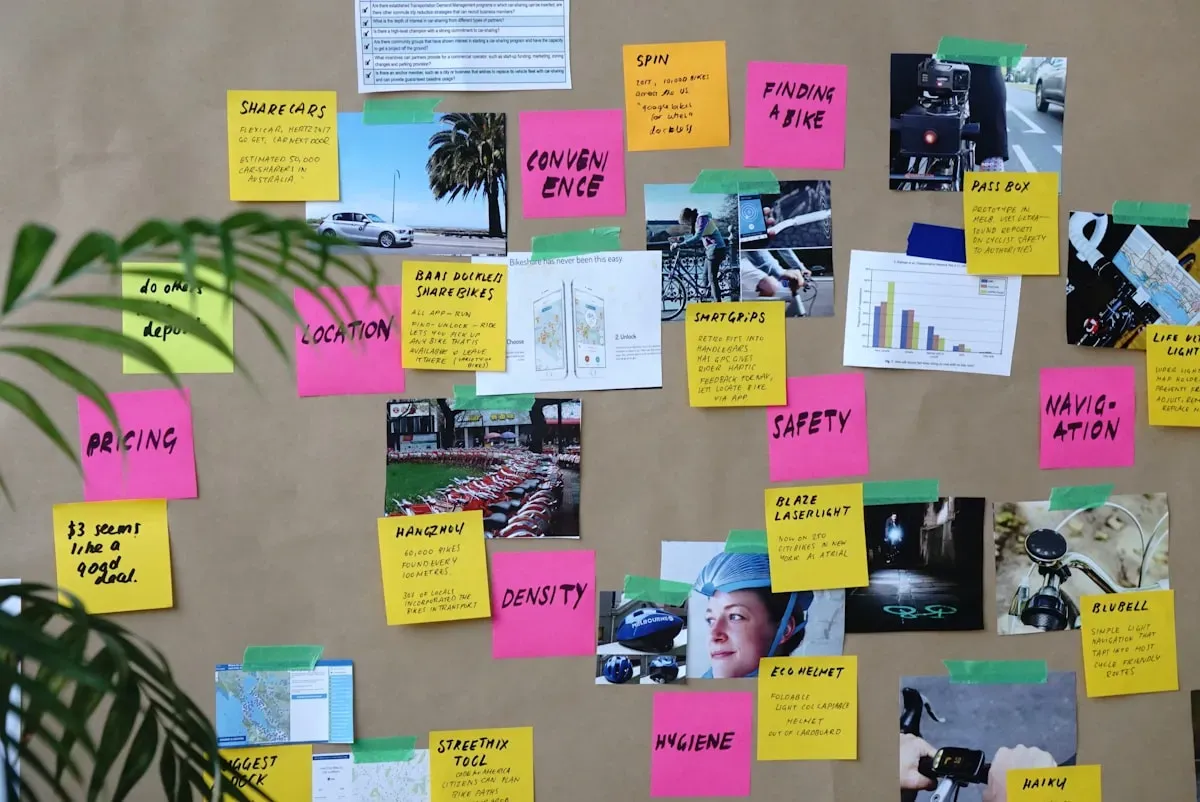 Research notes grouped on a planning wall