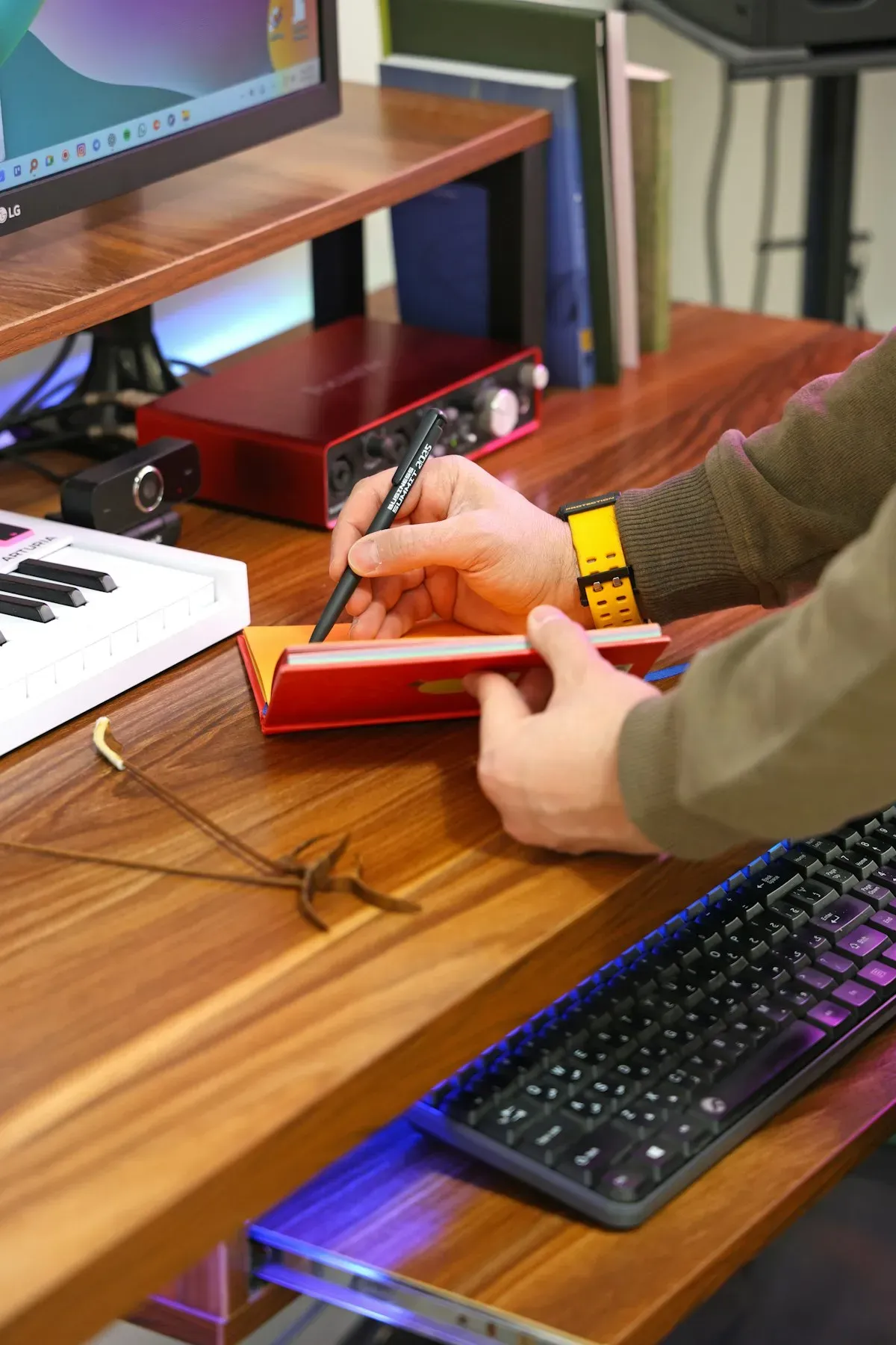 Person writing at a computer workstation