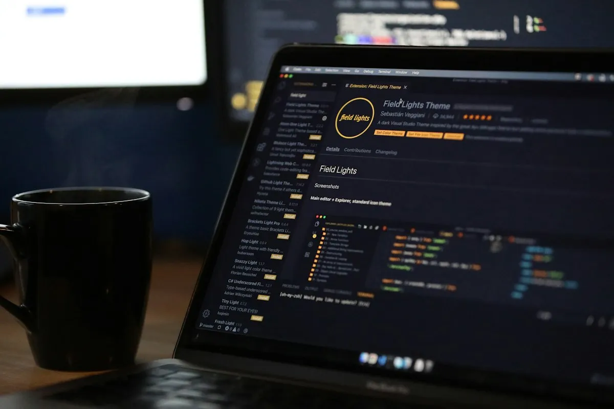 Code editor open on a laptop beside a mug