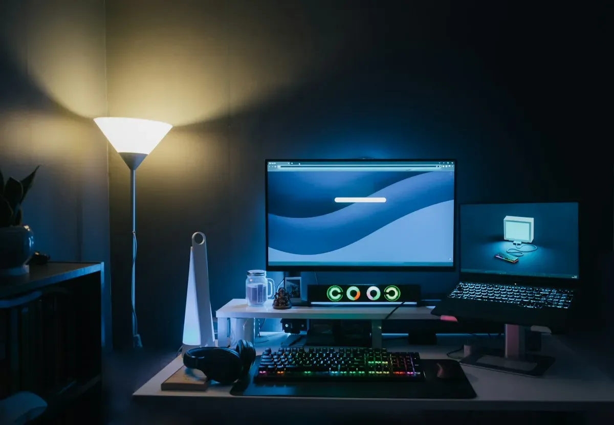 Two monitors and a keyboard in a workspace