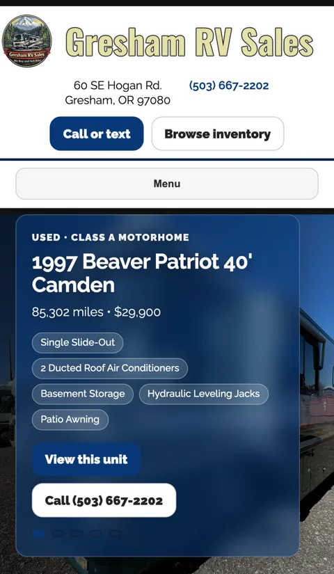 Gresham RV Sales mobile website layout