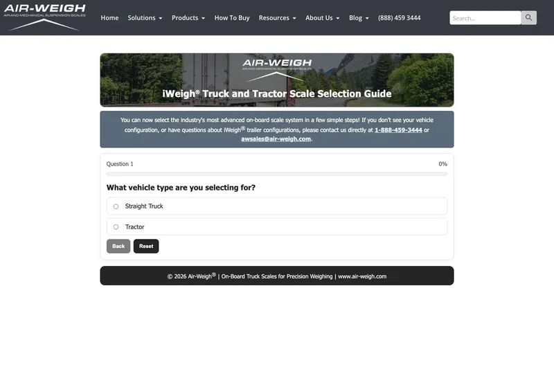Air-Weigh scale-selection guide asking which vehicle type the buyer uses