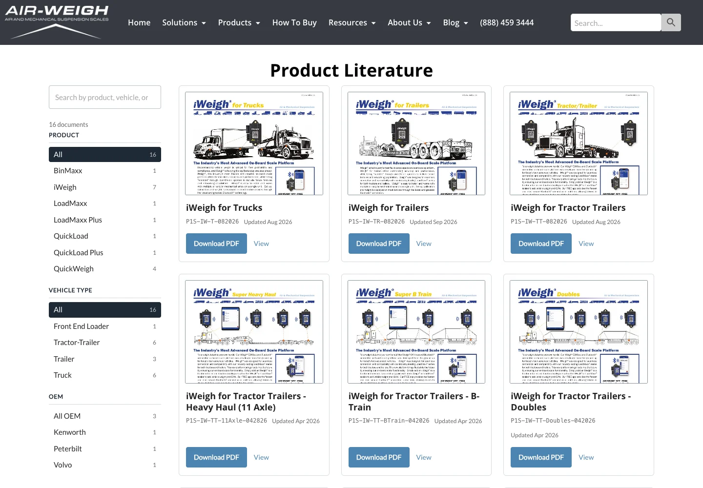 Air-Weigh searchable product literature with product and vehicle filters