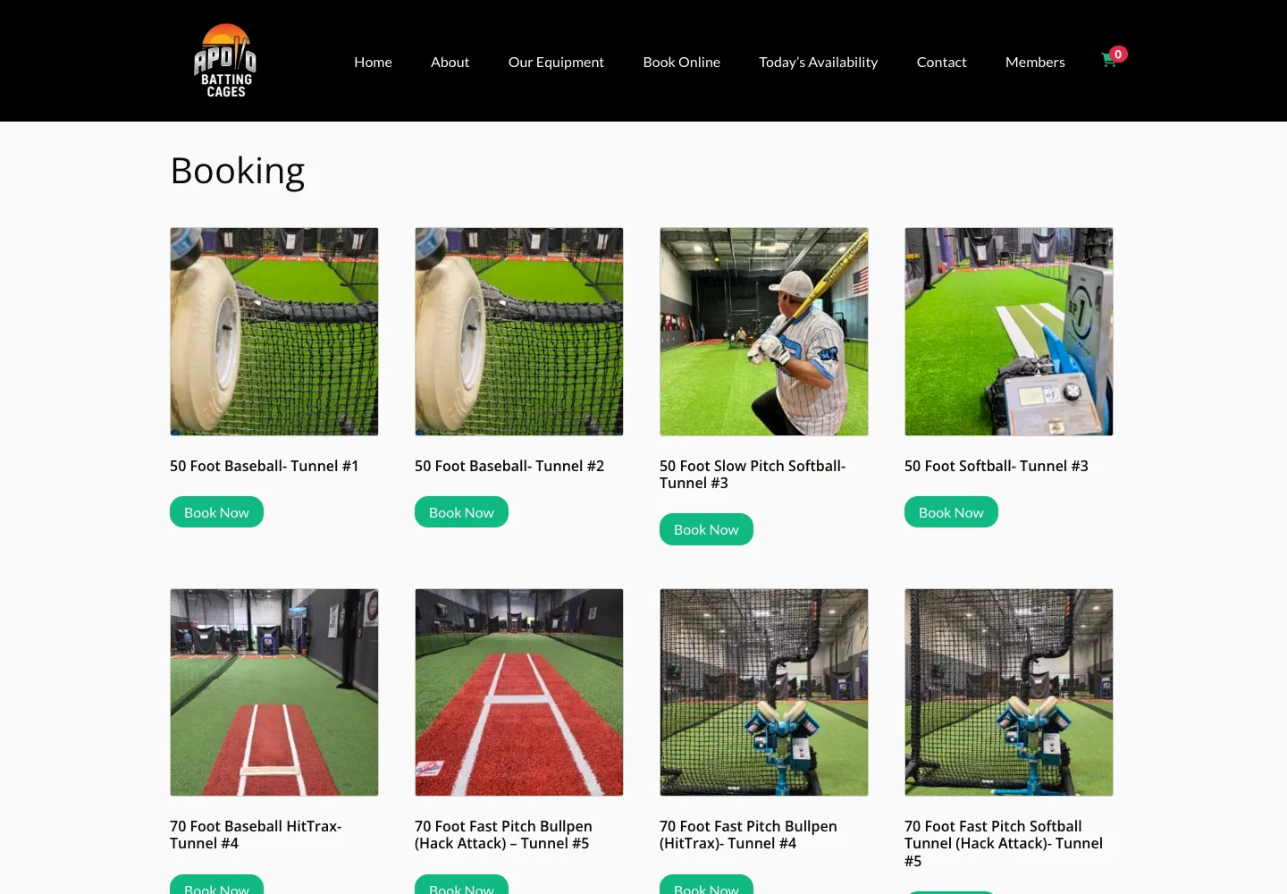 Apollo booking catalog showing baseball and softball tunnel options