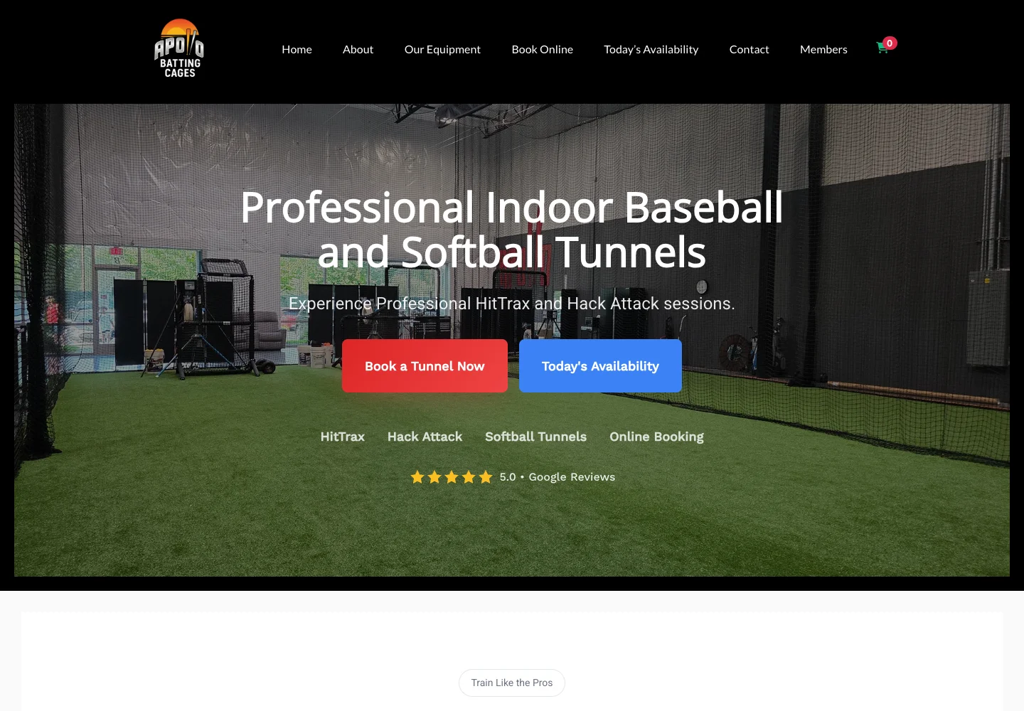 Apollo Batting Cages homepage showing indoor training tunnels and booking links