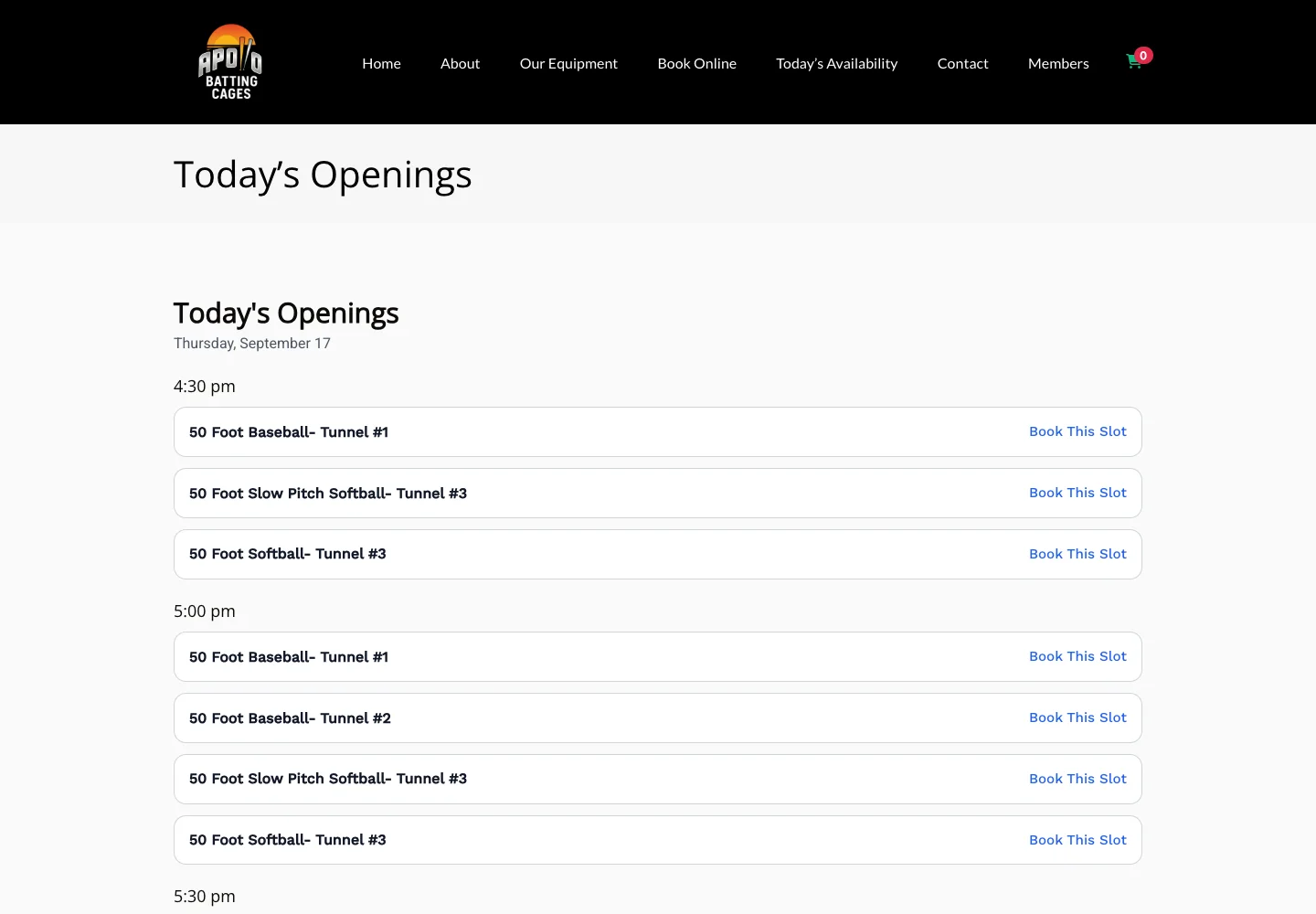Apollo same-day availability page grouping tunnel openings by time