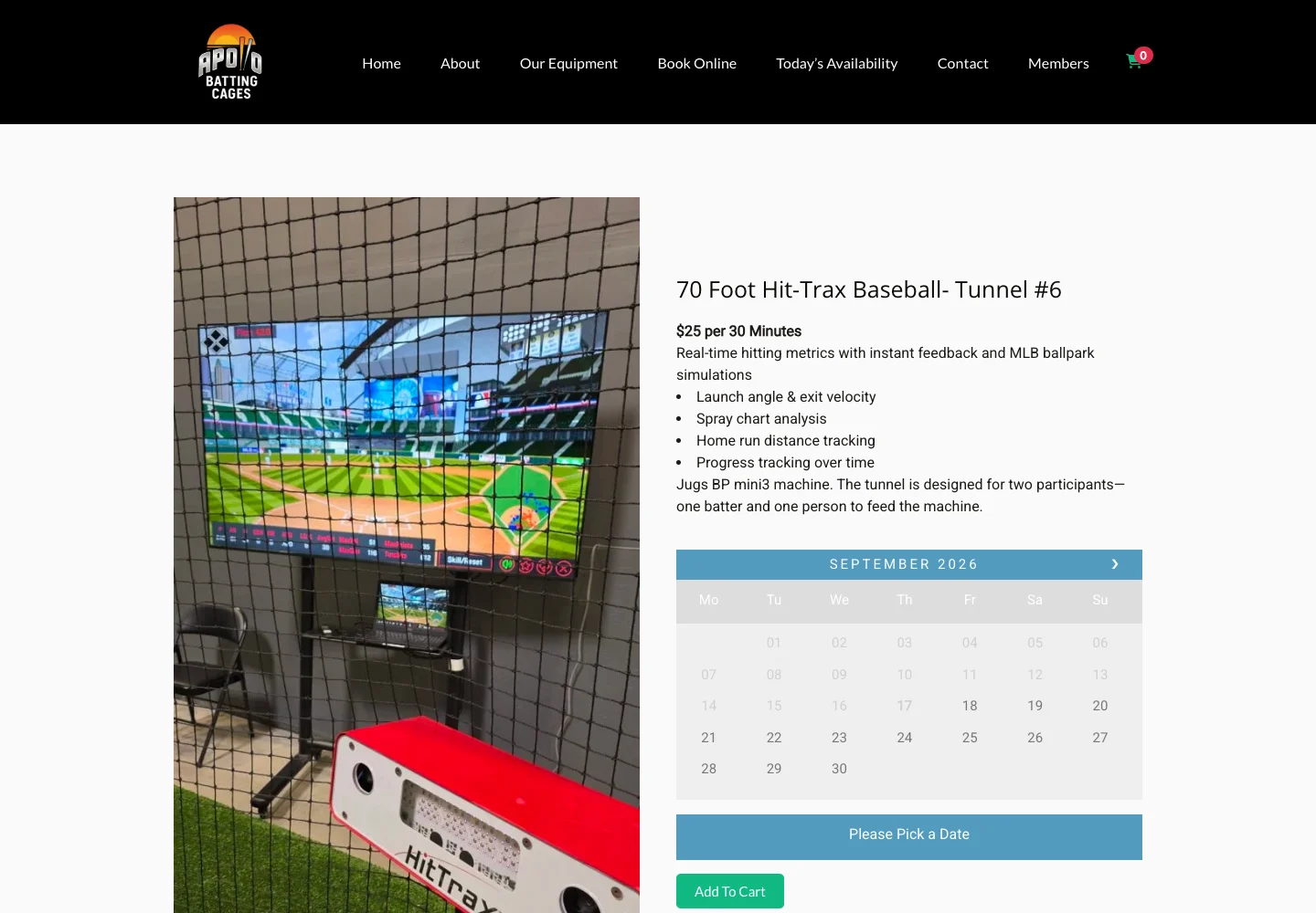 Apollo HitTrax session page with equipment photo, details and booking calendar