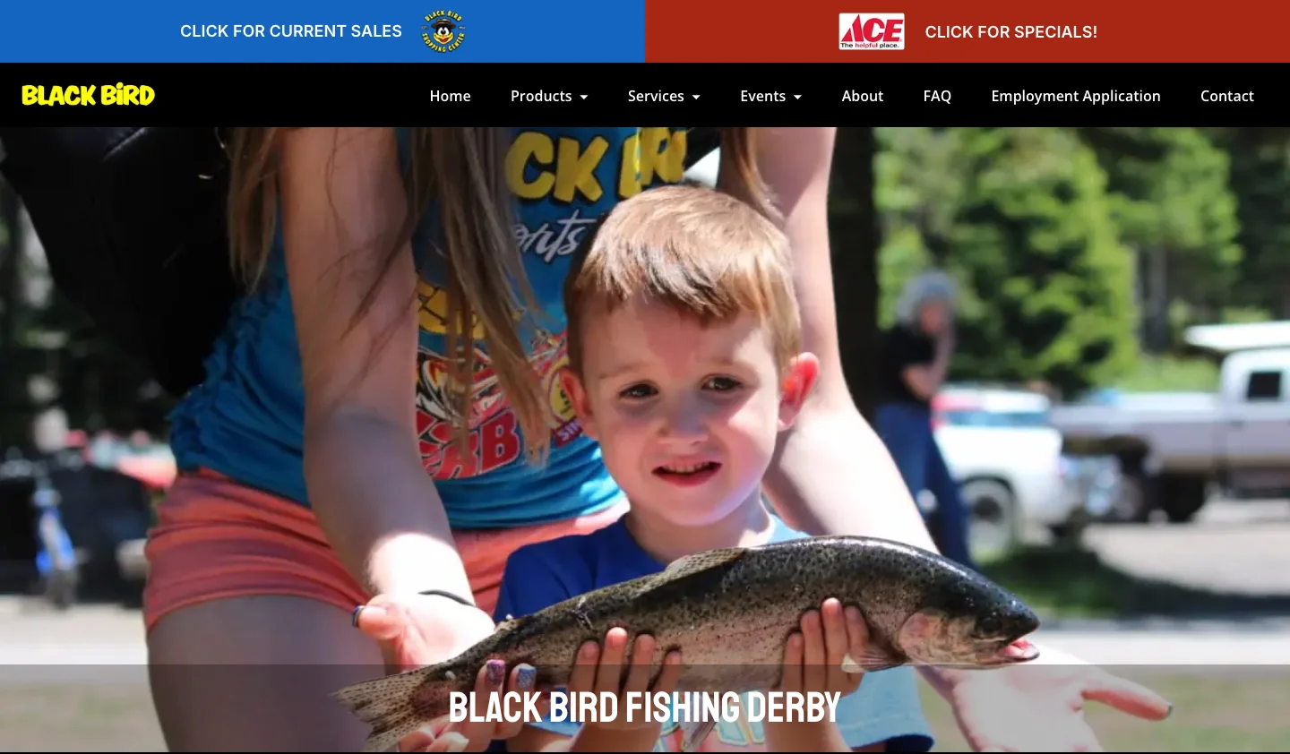 Black Bird Fishing Derby event page featuring a family with their catch