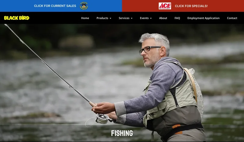 The Black Bird fishing department page with outdoor photography and links to current sales