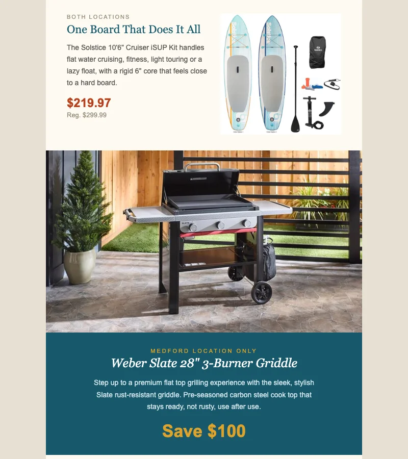 Summer Fun newsletter product features for paddle boards, outdoor cooking and footwear