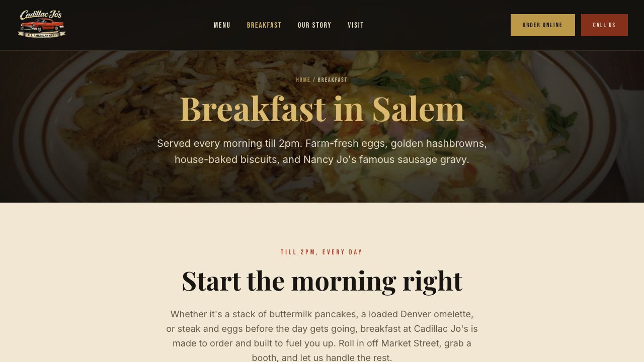 Cadillac Jo’s breakfast page with food imagery and serving information