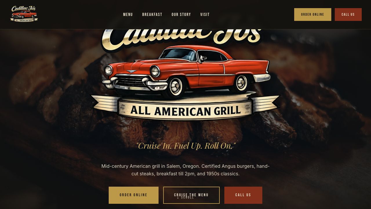 Cadillac Jo’s restaurant website with vintage American styling