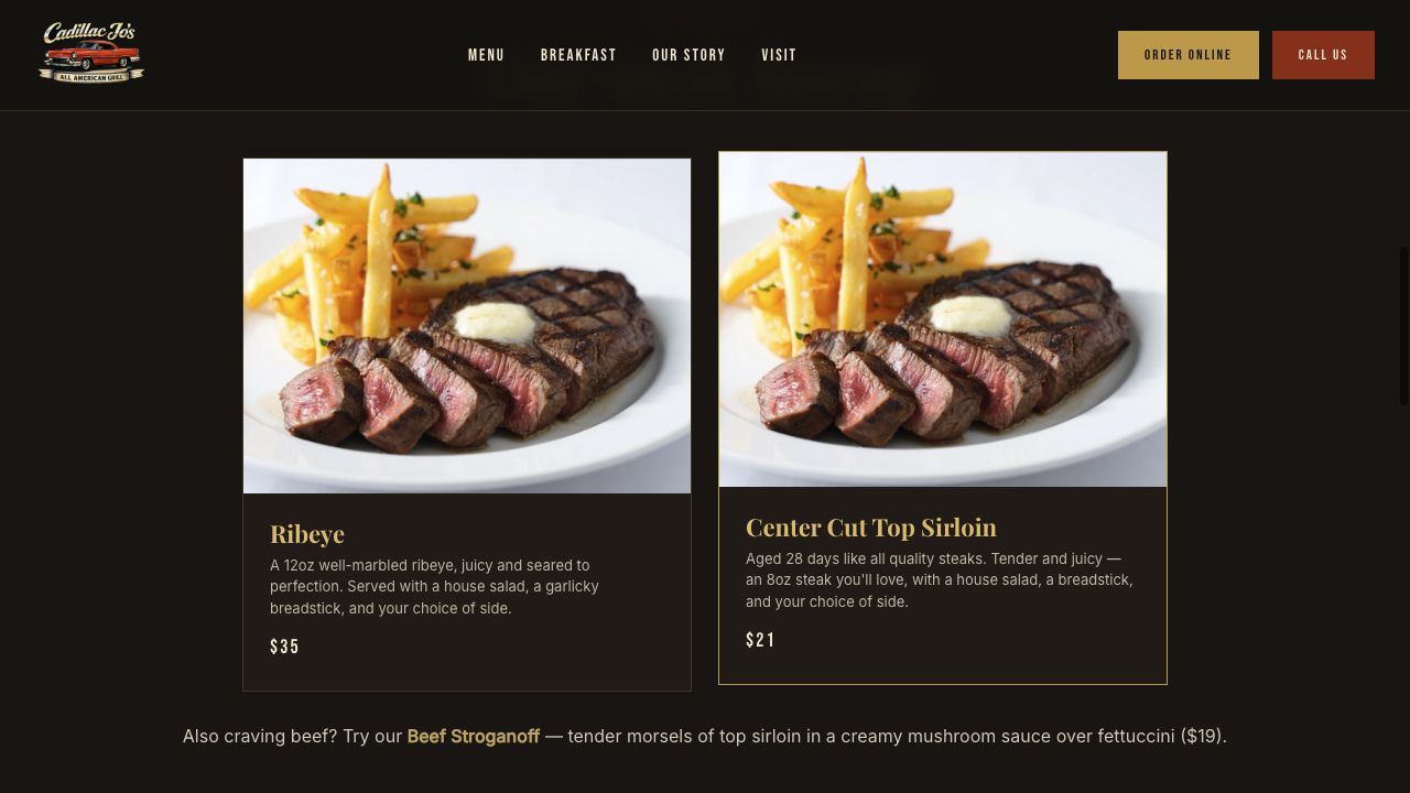 Cadillac Jo’s dedicated Steak Dinner in Salem page