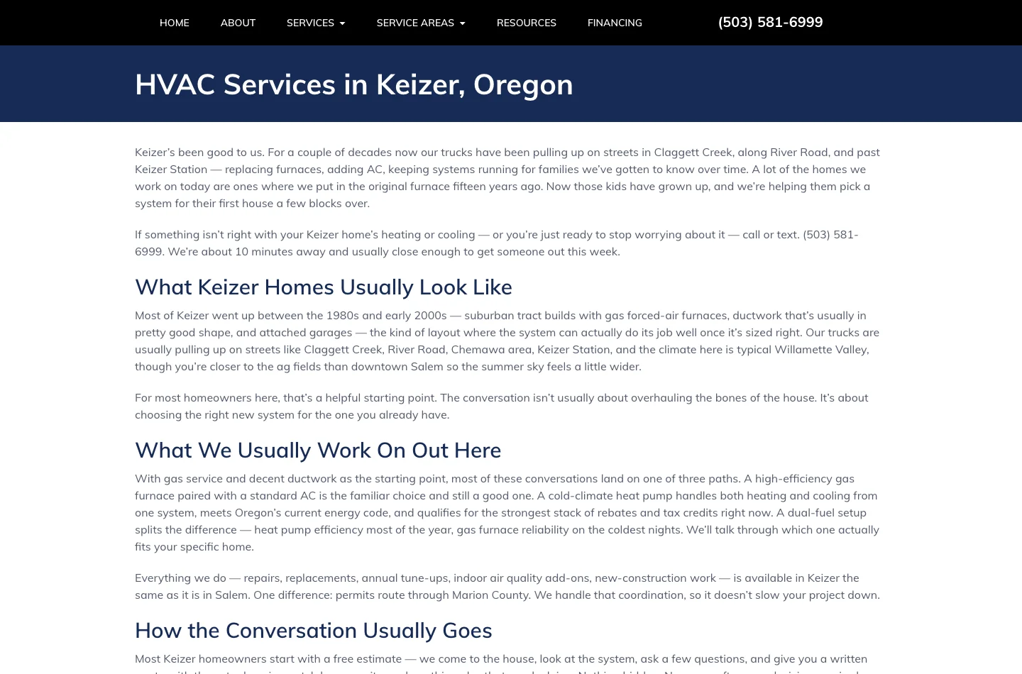 CHS local HVAC service page for Keizer Oregon