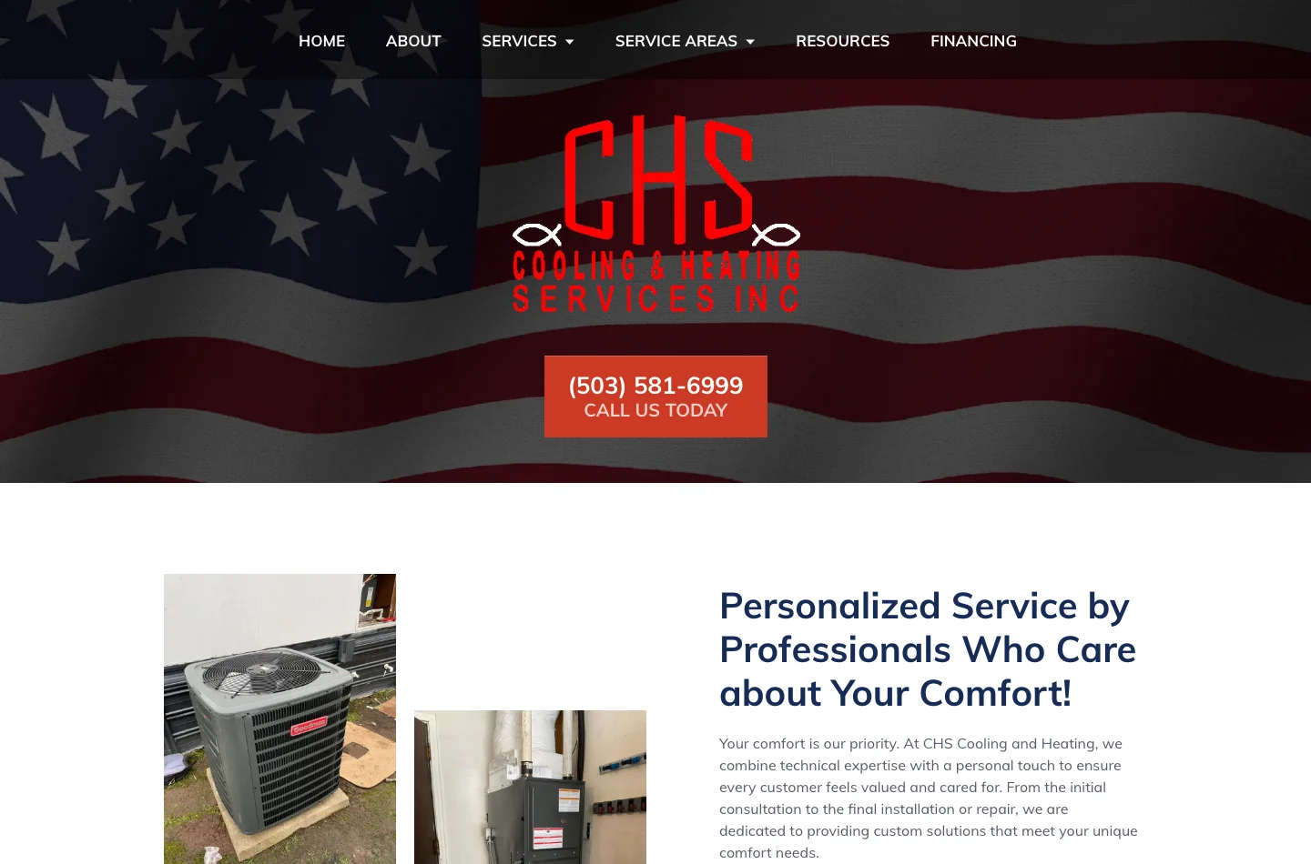 CHS website homepage with company identity, service photography and contact details