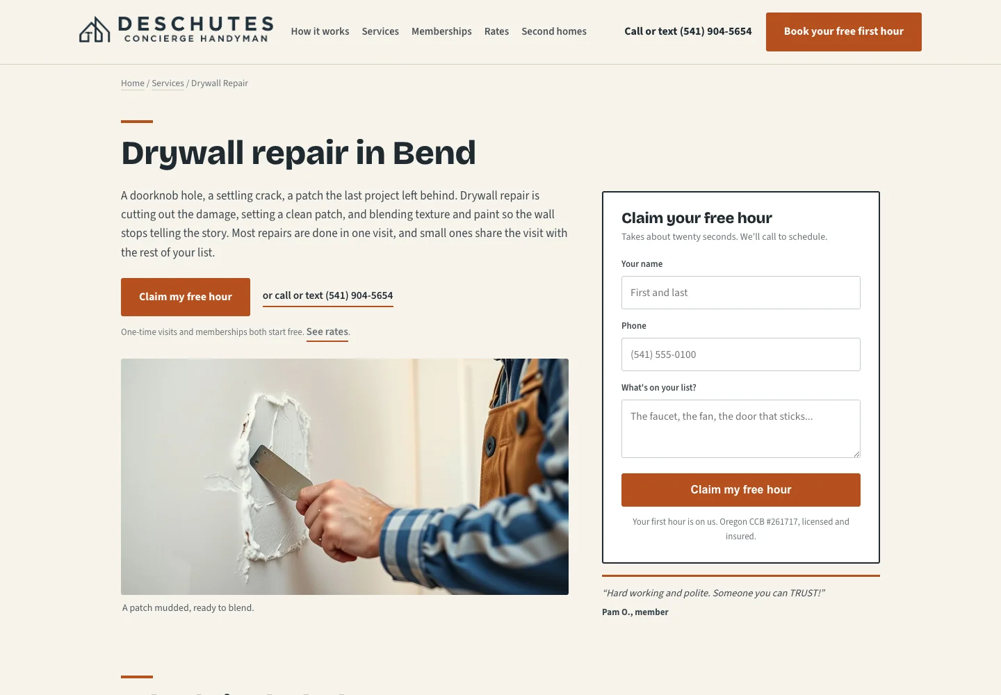 Bend drywall repair service page with inquiry form