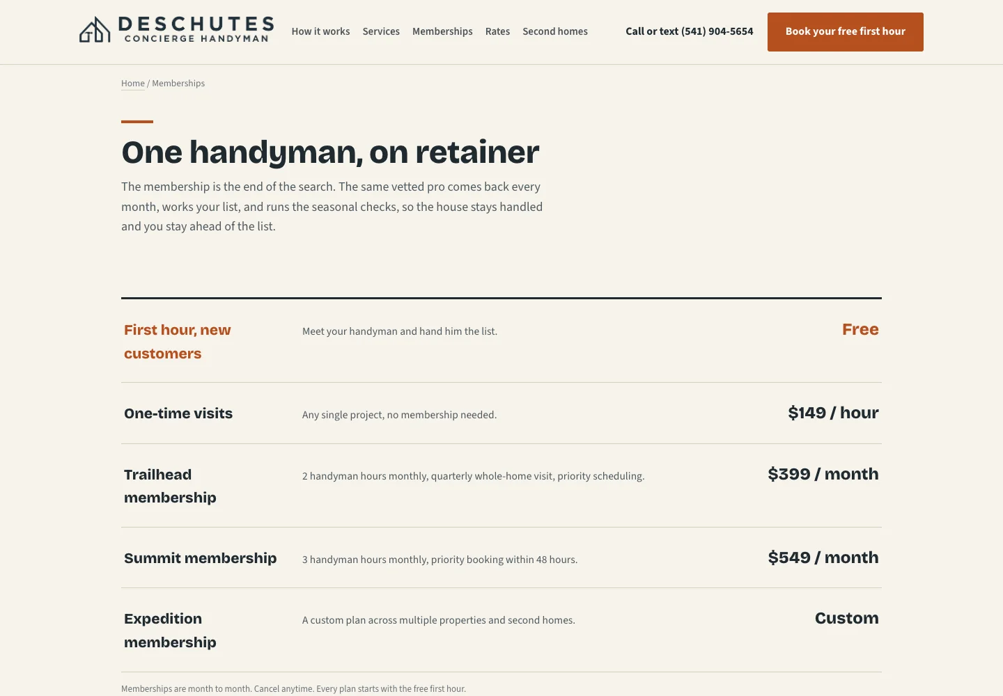 Deschutes handyman membership plans and included services