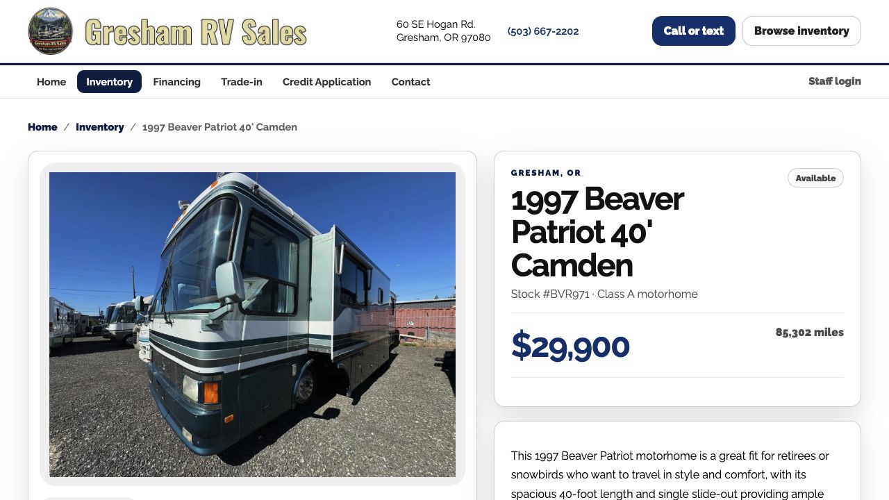 Gresham RV Sales individual vehicle page with photographs, price and details