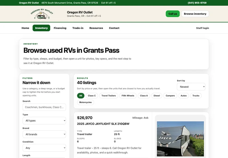 Oregon RV Outlet inventory browser with vehicle filters and available listings