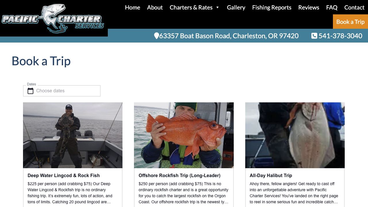 Pacific Charter online trip catalog with date filter and charter cards
