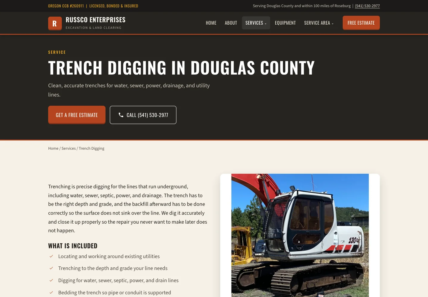 Russco trench-digging page with job details and excavator photograph