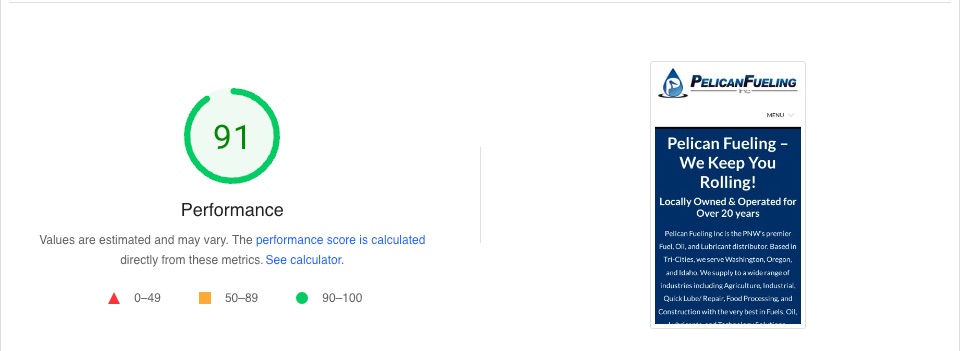 Pelican Fueling mobile PageSpeed Insights performance score of 91