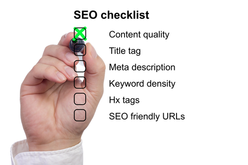 SEO checklist: content quality, title tag, meta description, keyword density, heading tags and SEO-friendly URLs