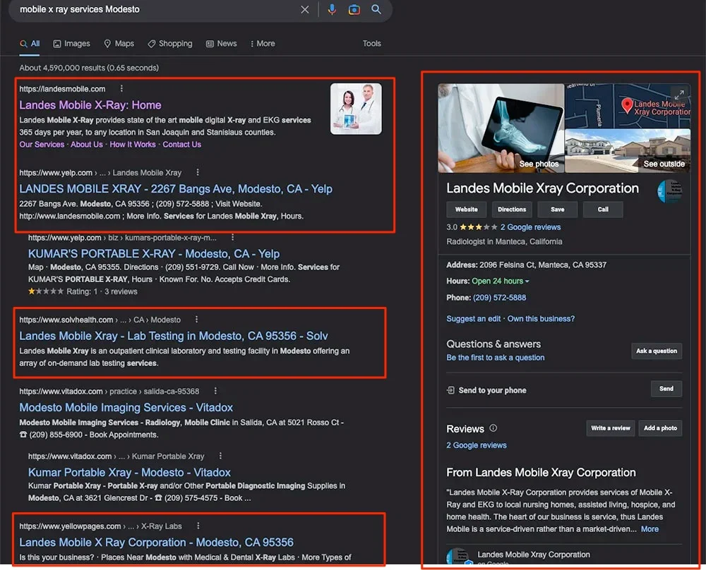 Google results for mobile x-ray services in Modesto showing Landes Mobile X-Ray in several top listings