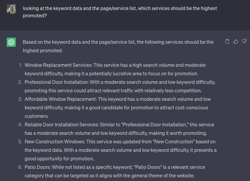 ChatGPT answer ranking which window and door services to promote based on keyword data